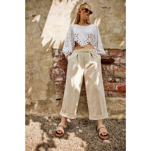 FREE PEOPLE After Love Roll Cuff Wide Leg Pants in Sandshell Size Medium - Picture 1 of 13